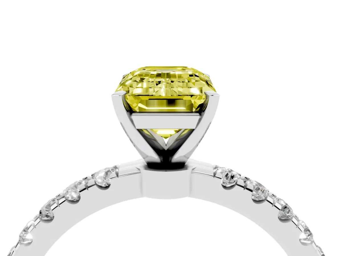 Fancy Yellow Emerald Cut Diamond Solitaire Ring with Pavé Accents and Four-Prong Setting Silver