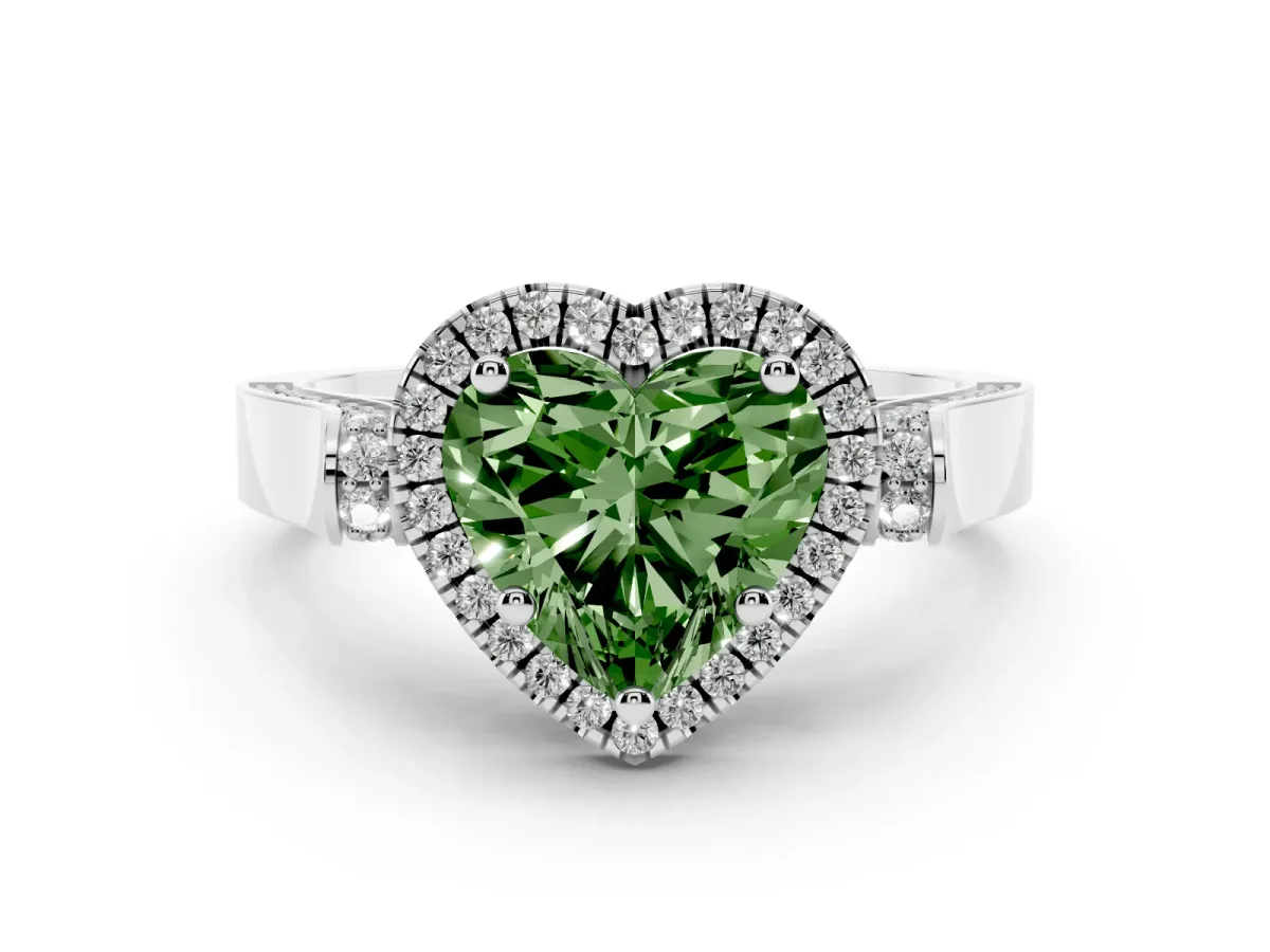 Fancy Green Heart Cut Halo Pave Split Shank Prong Setting Ring White gold