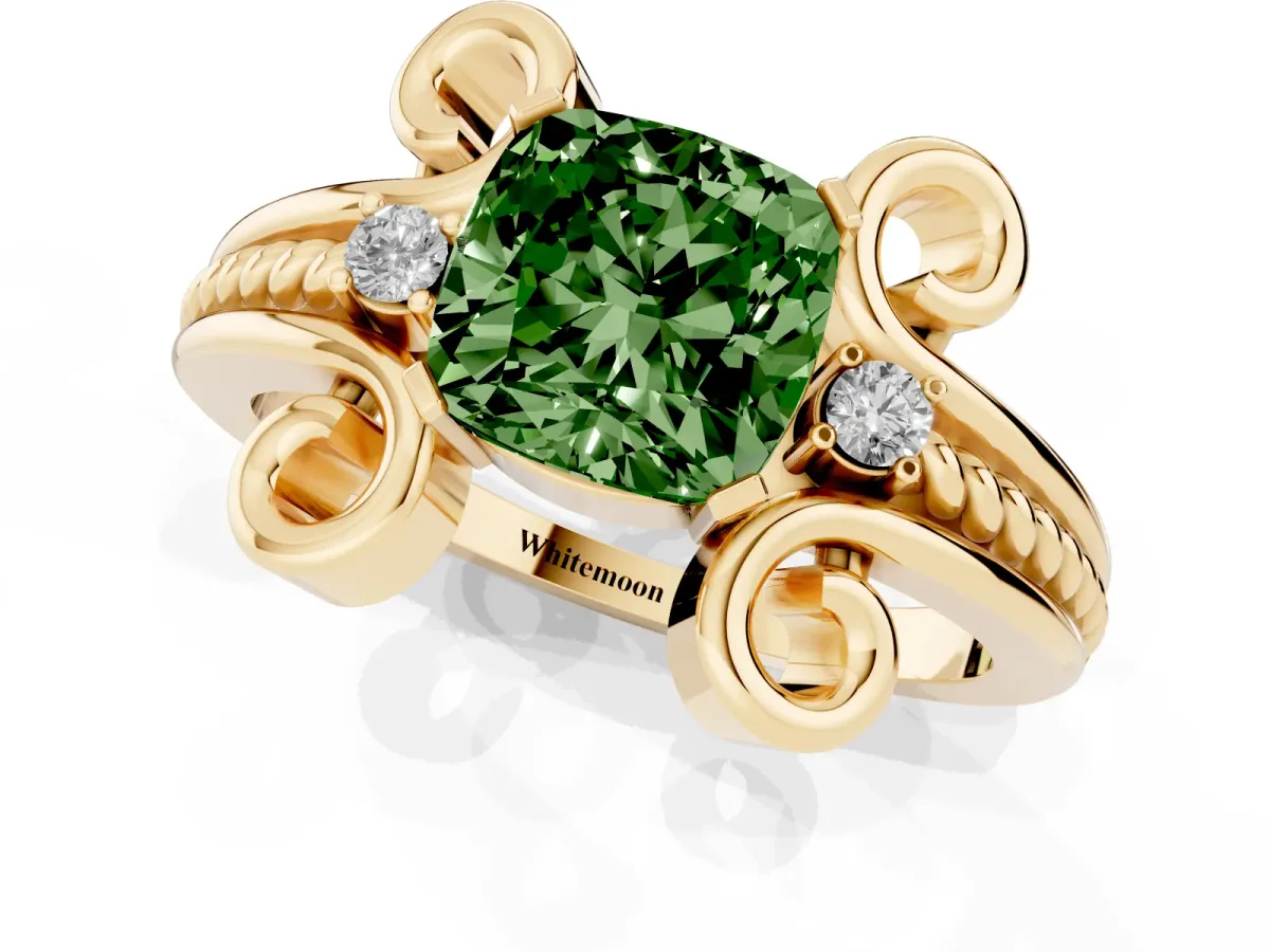 Fancy Green Cushion Cut Solitaire Twisted Band Scroll Prong Ring Yellow gold