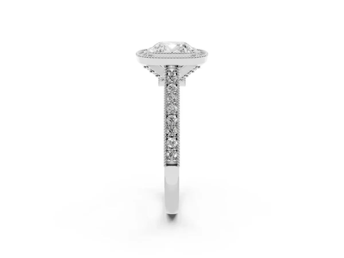 Halo Cushion Cut-Cut Diamond Pave Band Milgrain Prong Setting Ring Silver