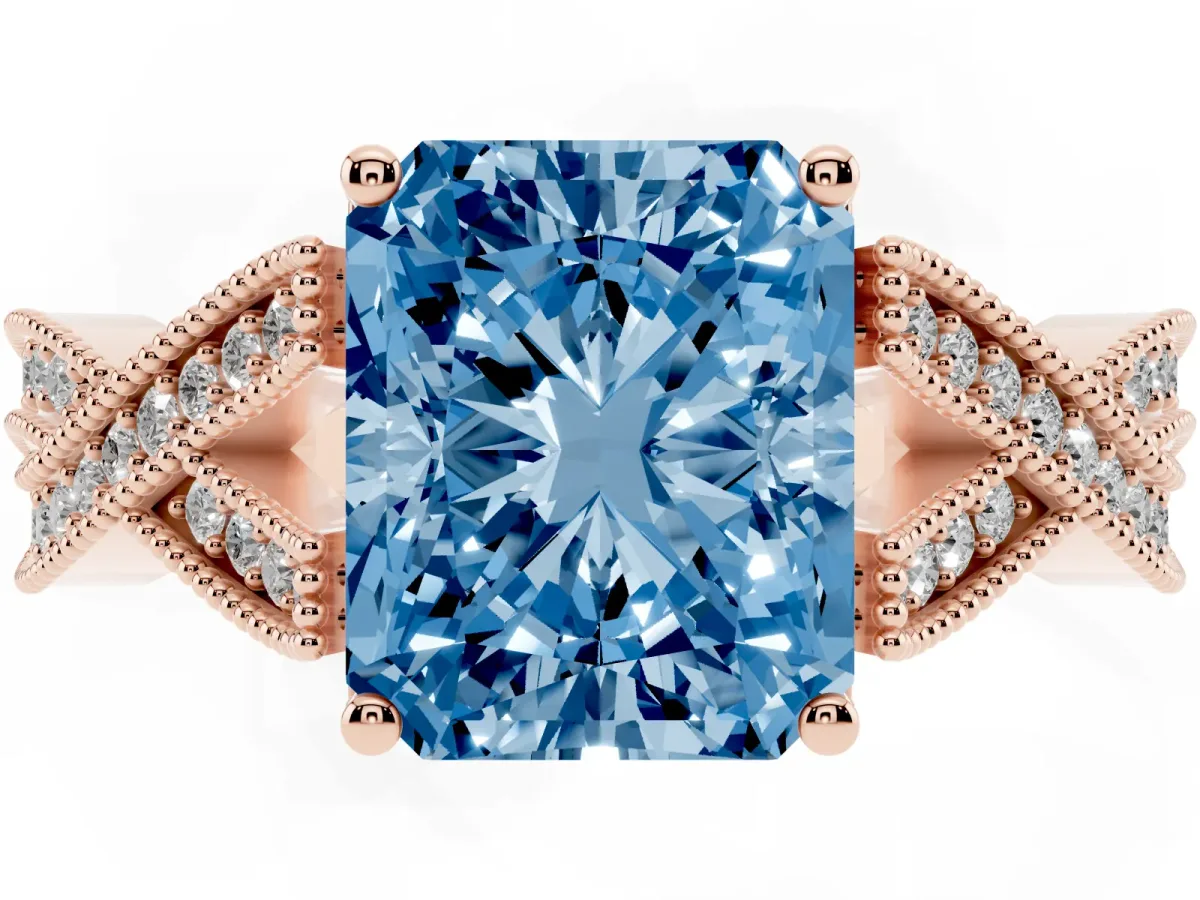 Fancy Blue Radiant Cut Cut Diamond Twisted Band with Milgrain Pave Setting and Four-Prong Setting Rose gold