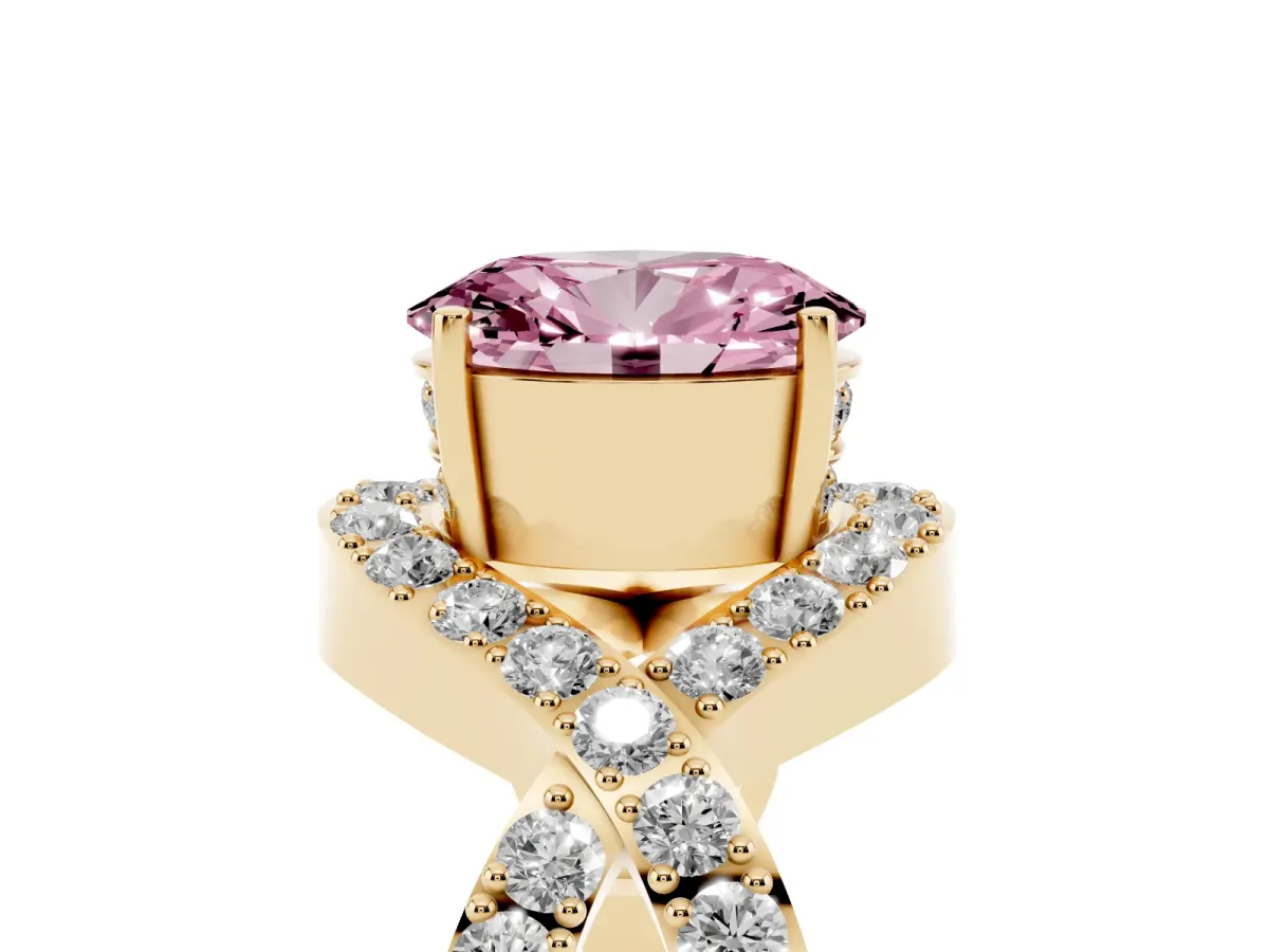 Fancy Pink Oval Cut Solitaire Twist Band Pavé Diamond Engagement Ring Yellow gold