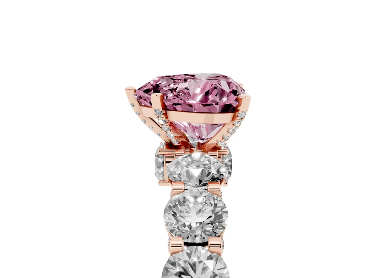 Fancy Pink Heart Cut Diamond Side Stone Engagement Ring with Four-Prong Setting Rose gold