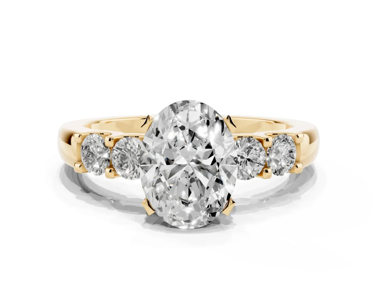 Oval Cut Brilliant Cut Diamond Five-Stone Prong Set Engagement Ring with Channel Band Yellow gold
