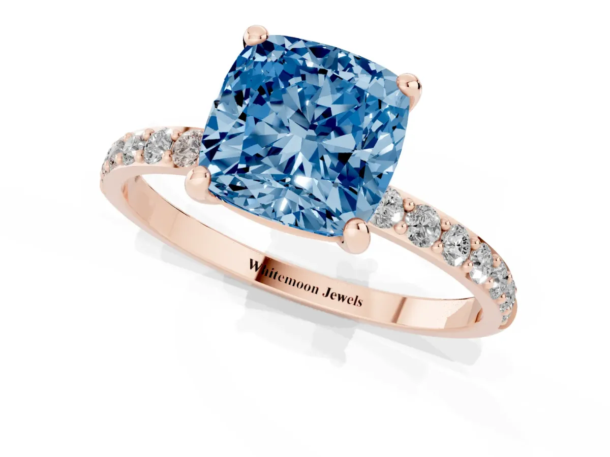 Fancy Blue Cushion Cut Diamond Solitaire Ring with Round Pavé Band and Prong Setting Rose gold