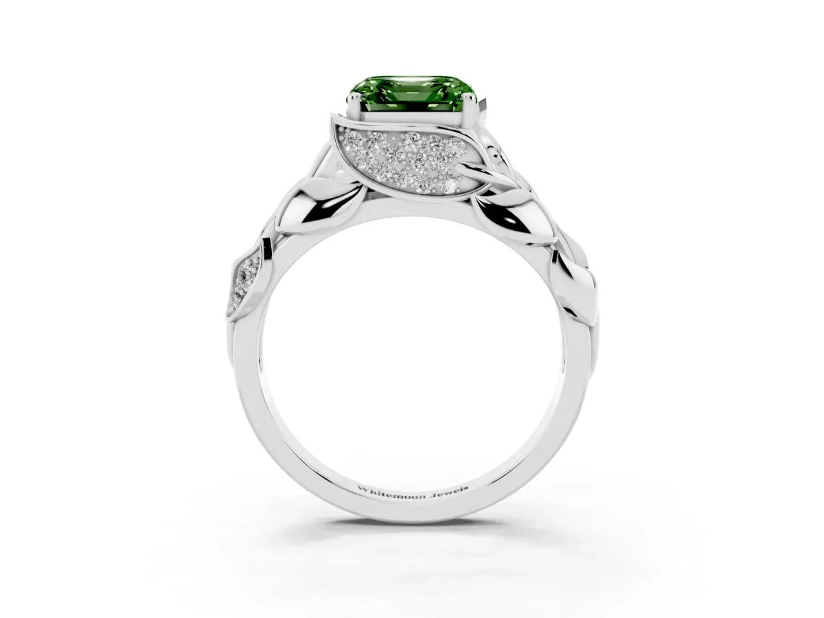 Fancy Green Asscher Cut Diamond Leaf-Inspired Engagement Ring with Round Accents and Prong Setting Silver