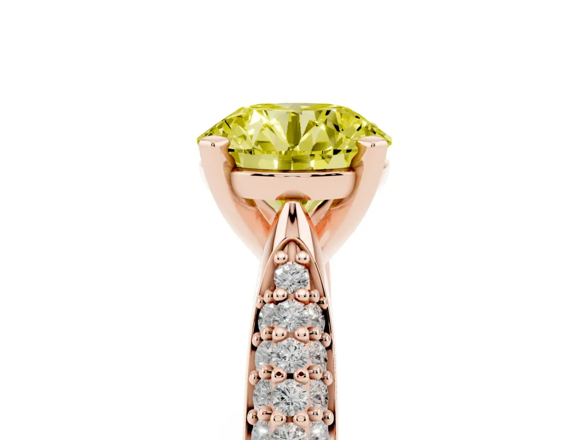 Fancy Yellow Round Cut Diamond Solitaire Engagement Ring with Multi-Row Round Pavé Band and Prong Setting Rose gold