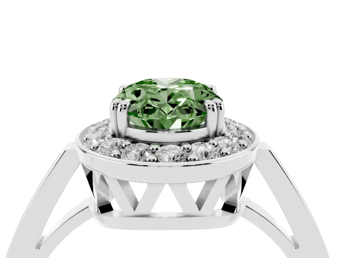 Fancy Green Oval Cut Diamond Halo Ring with Split Shank and Four-Prong Setting Silver