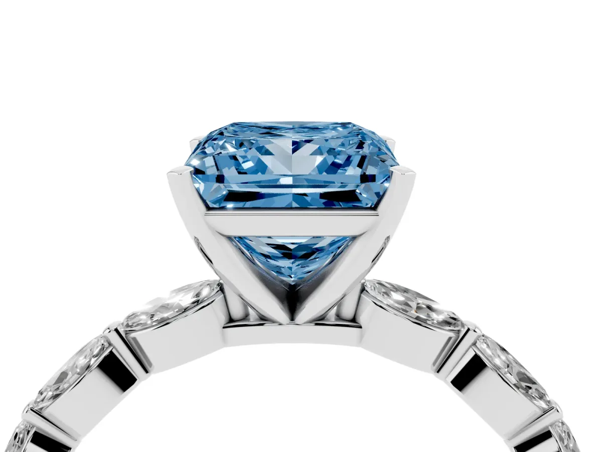 Fancy Blue Princess Cut Diamond Ring with Marquise Side Stones and Prong Setting White gold
