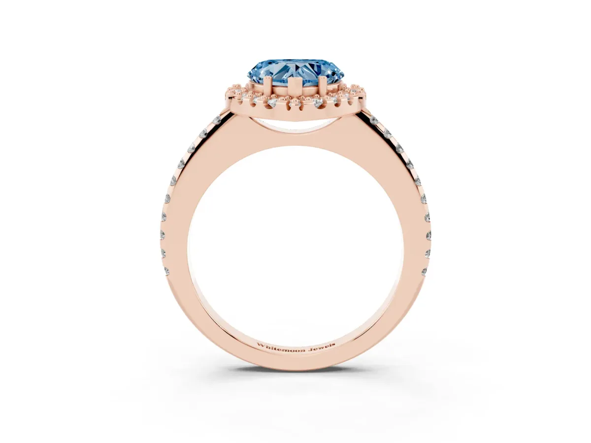 Fancy Blue Heart Cut Diamond Pavé Halo Ring with Four-Prong Setting Rose gold