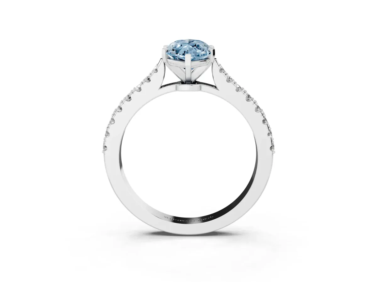 Fancy Blue Marquise Cut Cut Solitaire Diamond Engagement Ring with Pave Band and Four-Prong Setting Silver
