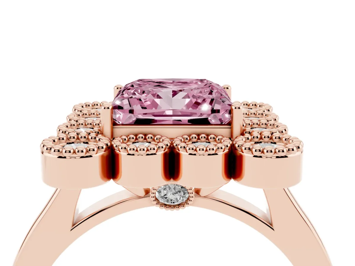 Fancy Pink Princess Cut Halo Diamond Cluster Engagement Ring with Milgrain Bezel Setting and Solitaire Band Rose gold