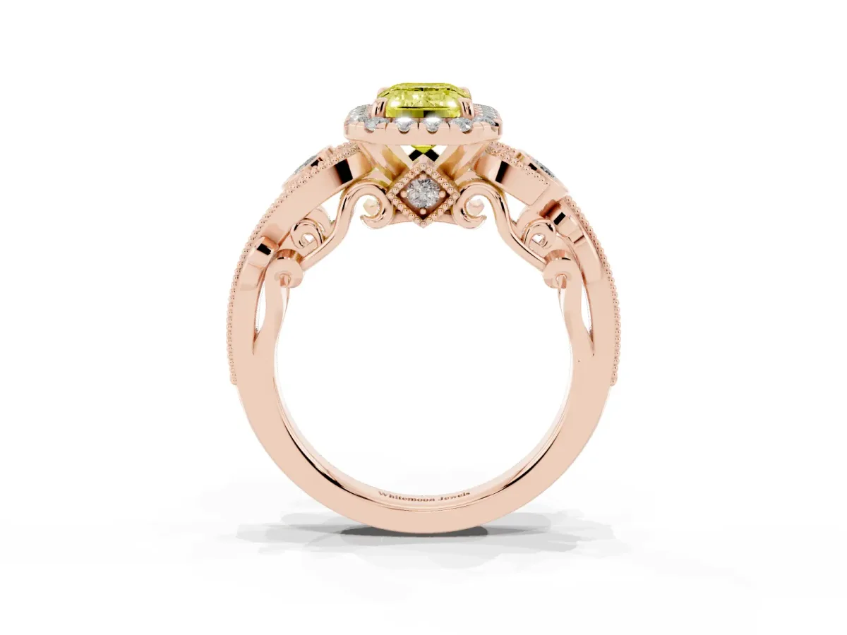 Fancy Yellow Emerald Cut Halo Diamond Ring with Milgrain and Bezel Accents on a Split Shank Band Rose gold
