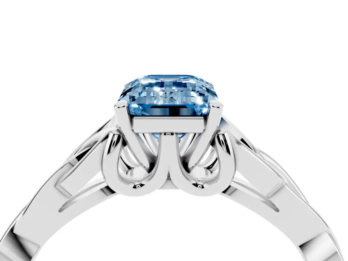 Fancy Blue Emerald Cut Diamond Solitaire Engagement Ring with Celtic Knot Band and Four-Prong Setting Platinum