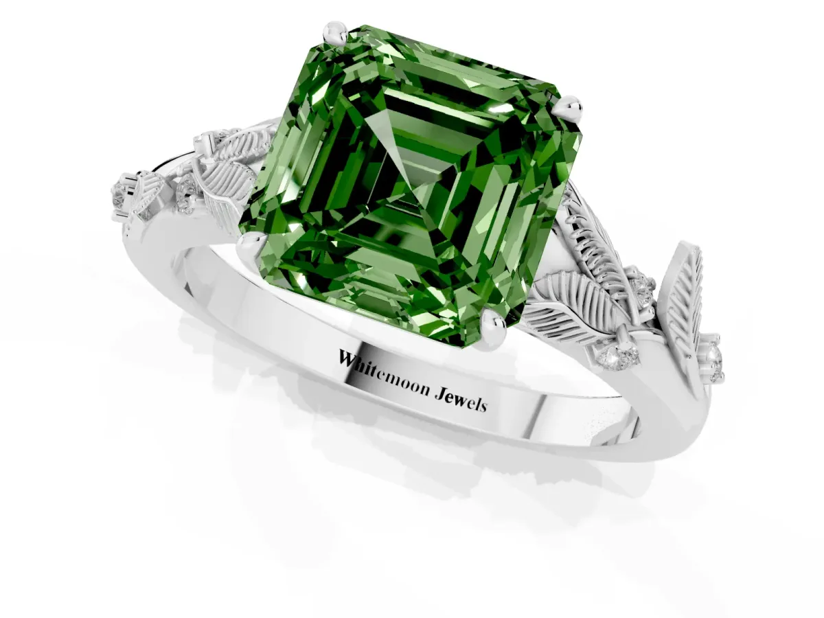 Fancy Green Asscher Cut Diamond Solitaire Ring with Leaf Motif Band and Four-Prong Setting Silver