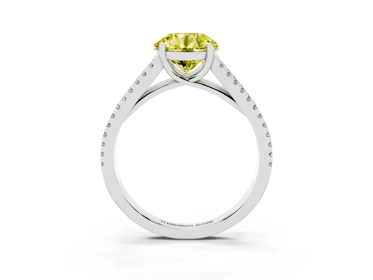 Fancy Yellow Round Cut Diamond Solitaire Engagement Ring with Split Shank Pavé Band Silver