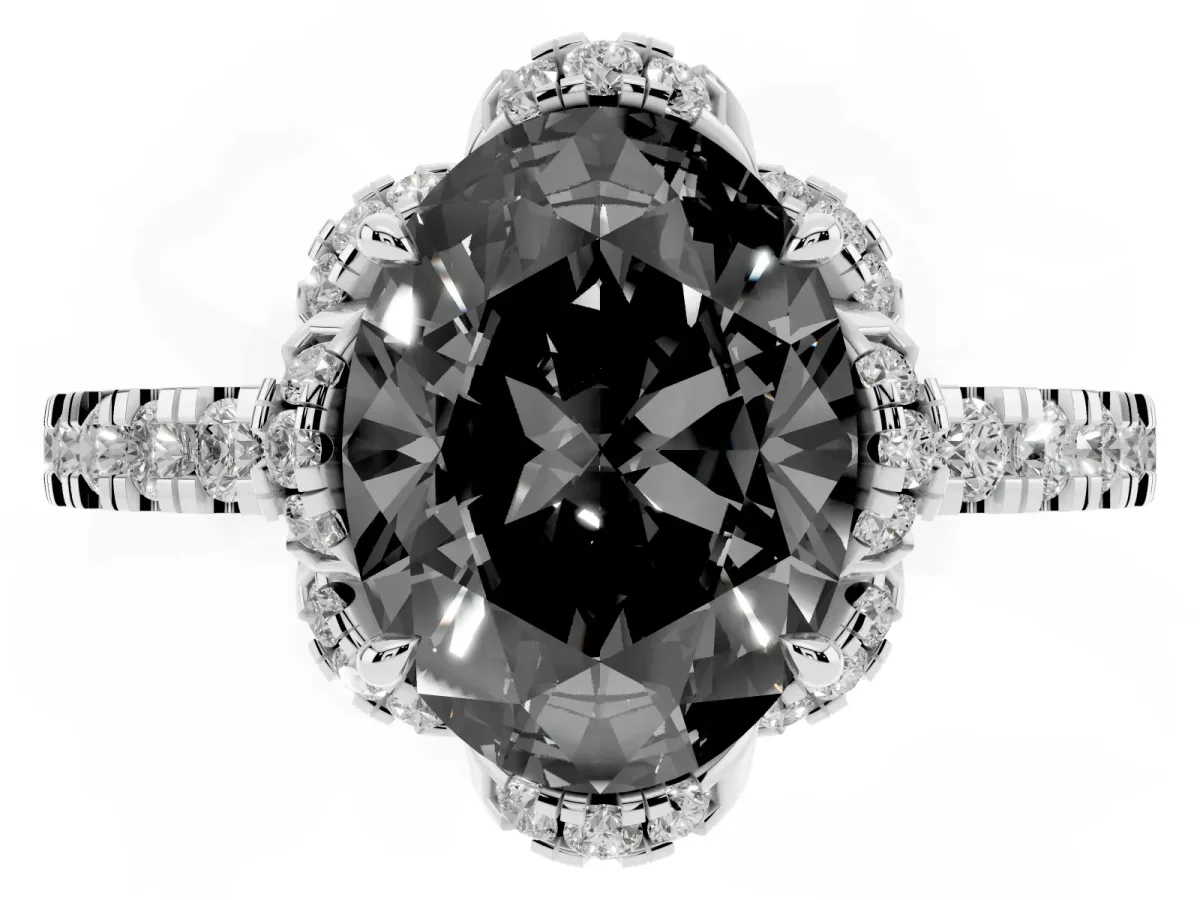 Fancy Black Oval Cut Diamond Halo Pave Band with Four-Prong Setting Silver