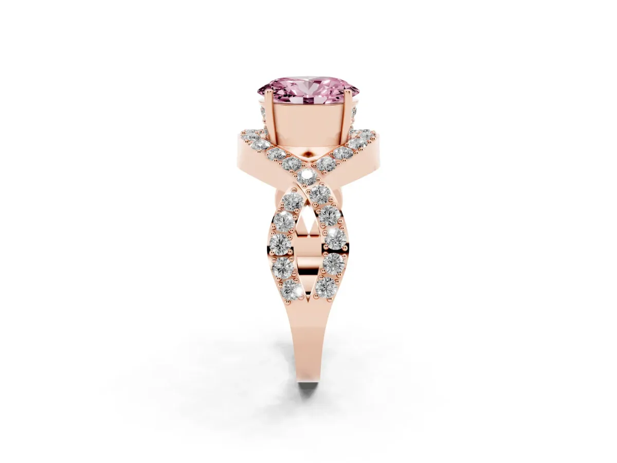 Fancy Pink Oval Cut Solitaire Twist Band Pavé Diamond Engagement Ring Rose gold