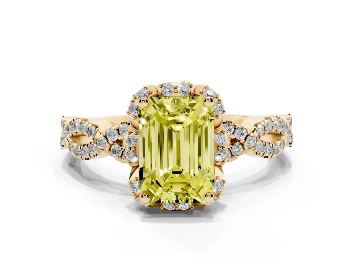 Fancy Yellow Emerald Cut Halo Twist Band Solitaire Ring with Six-Prong Setting Yellow gold