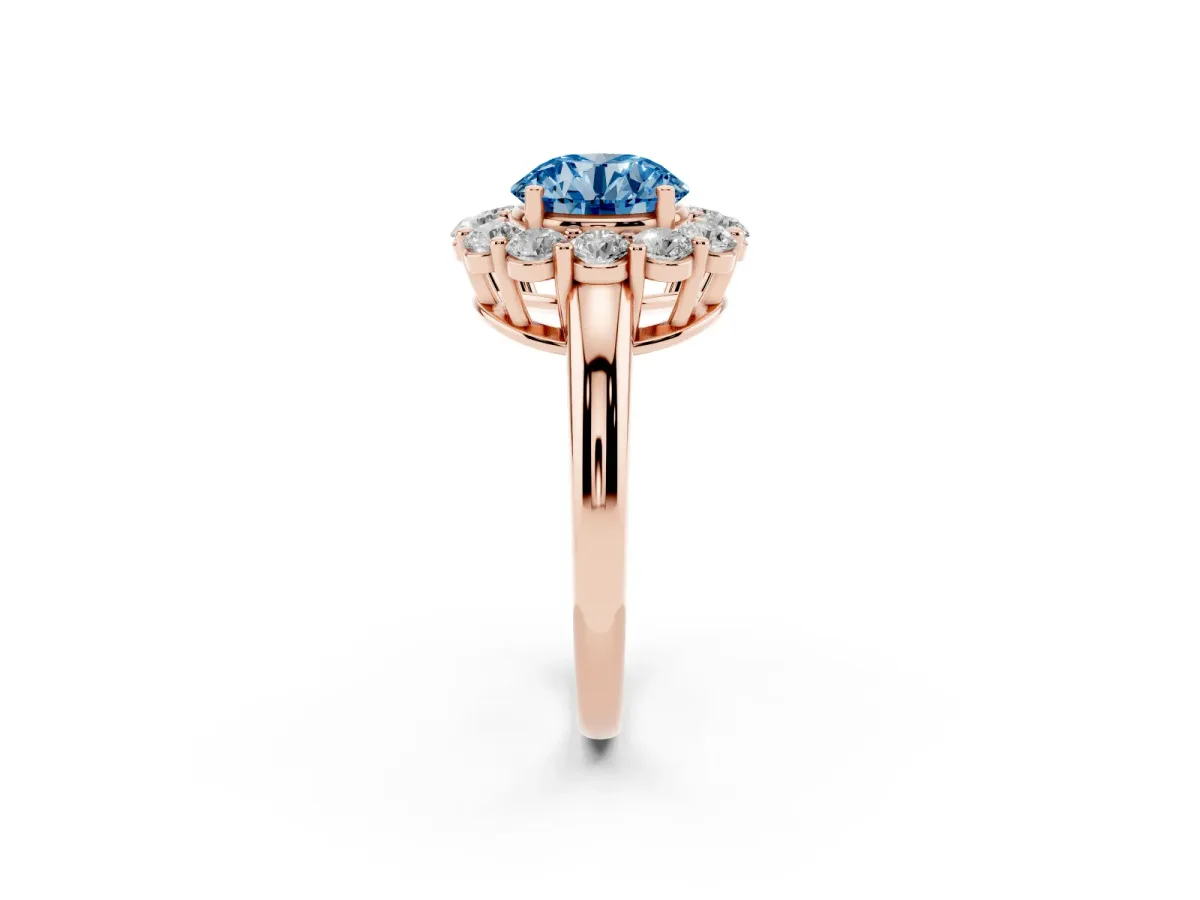 Fancy Blue Round Cut Halo Cluster Diamond Engagement Ring with Prong Setting and Polished Band Rose gold