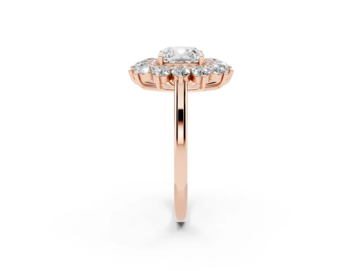 Cushion Cut Diamond Floral Double Halo Engagement Ring with Prong Setting Rose gold