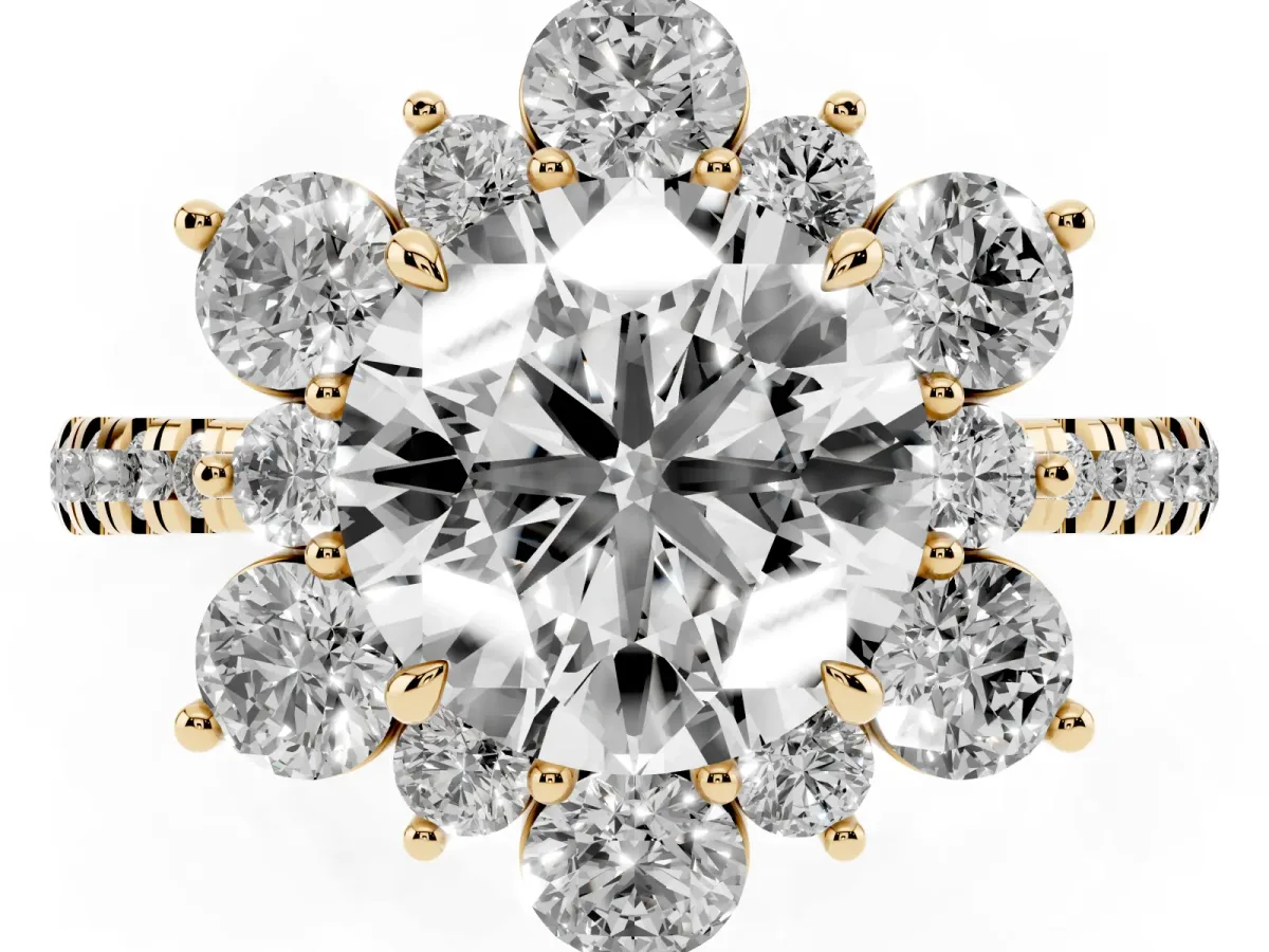 Round Cut Diamond Floral Halo Ring with Round Pavé Band and Prong Setting Yellow gold