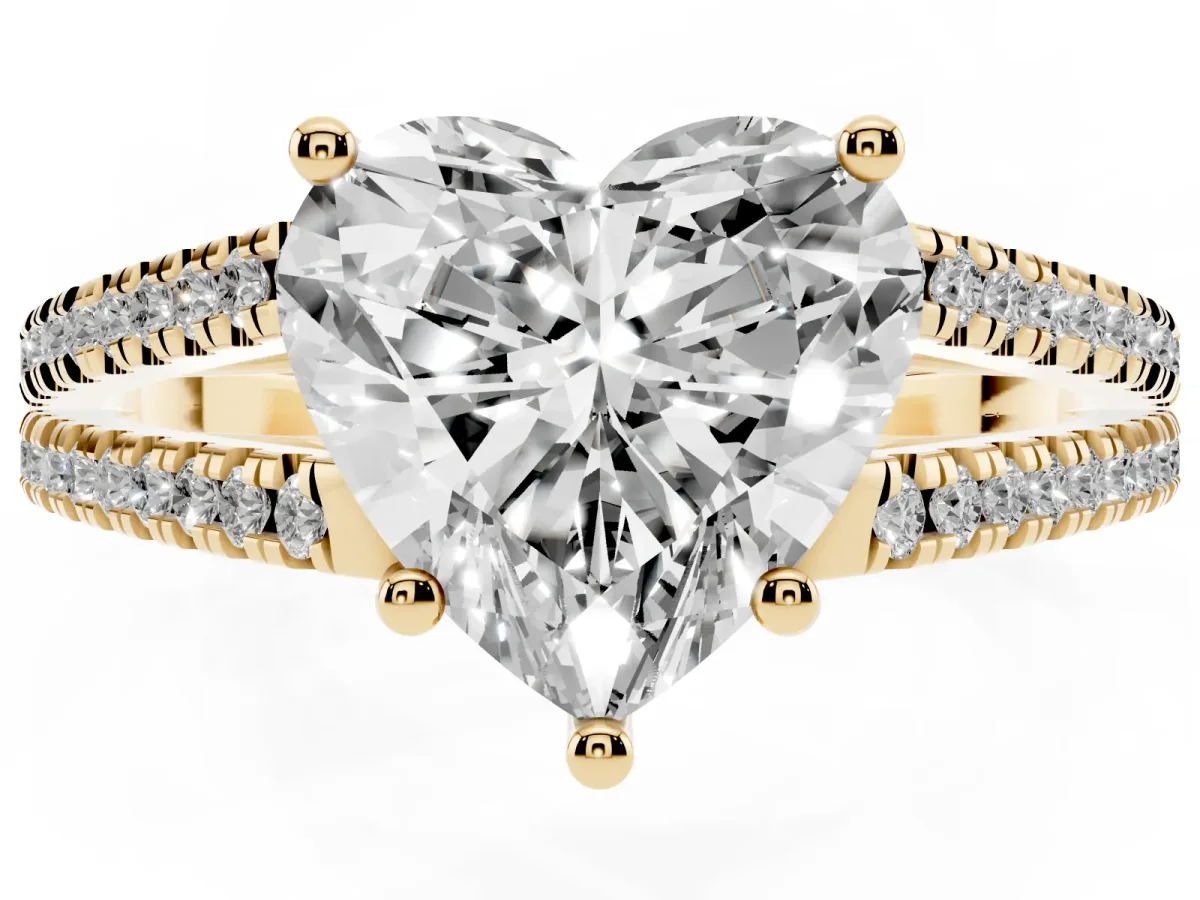 Heart Cut Diamond Solitaire Engagement Ring with Split Shank Pavé Band Yellow gold
