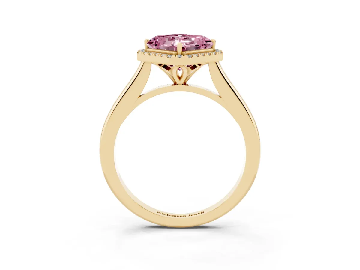 Fancy Pink Asscher Cut Halo Round Diamond Solitaire Engagement Ring with Pave Band and Four-Prong Setting Yellow gold