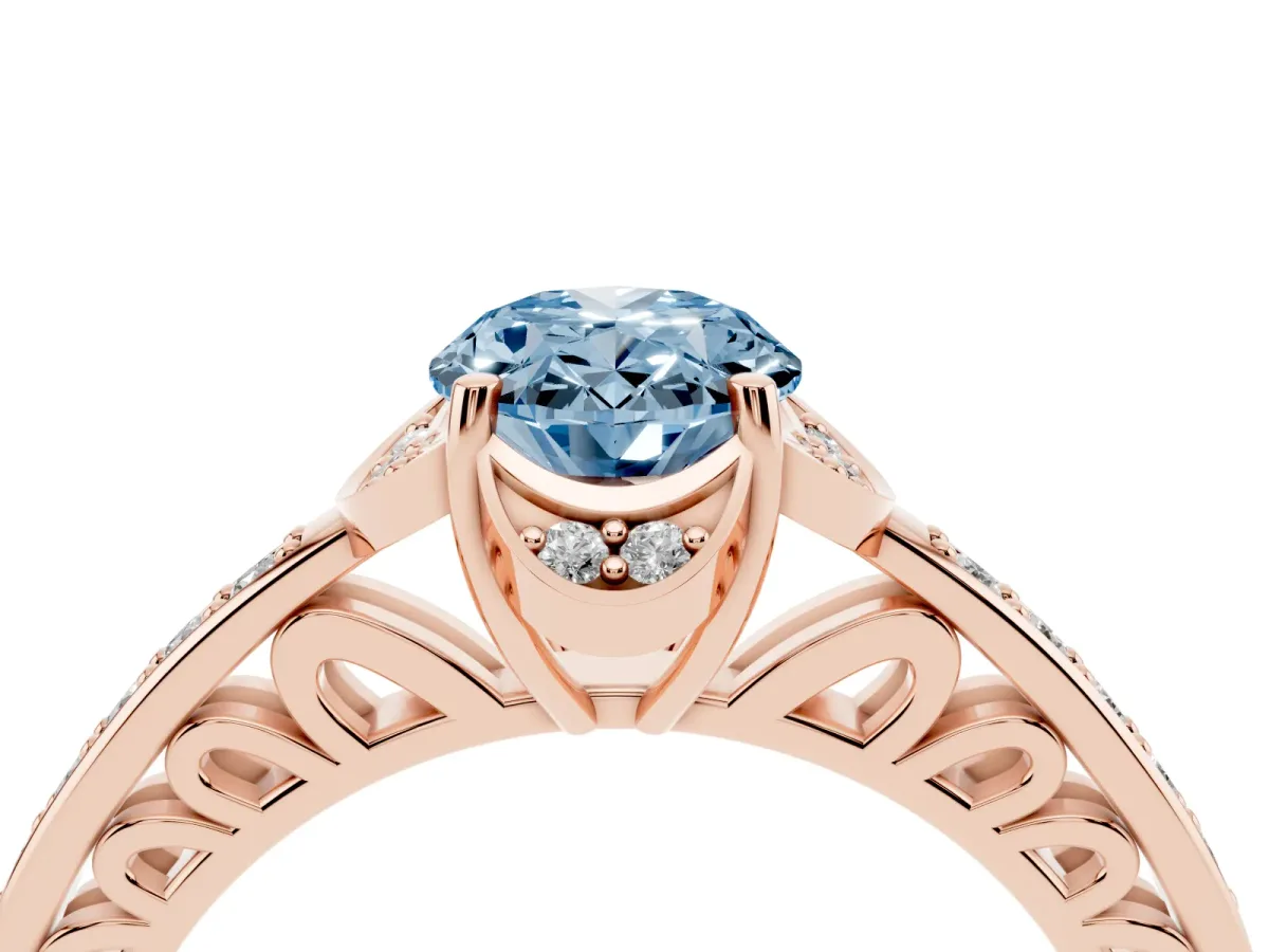 Fancy Blue Oval Cut Cut Halo Diamond Ring with Channel Set Band and Four-Prong Setting Rose gold