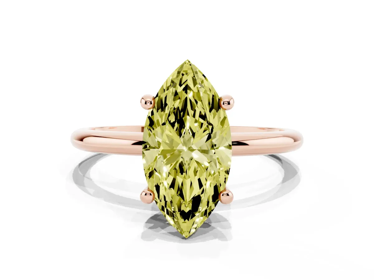 Fancy Yellow Marquise Cut Solitaire Diamond Ring with 4-Prong Setting on a Classic Band Rose gold