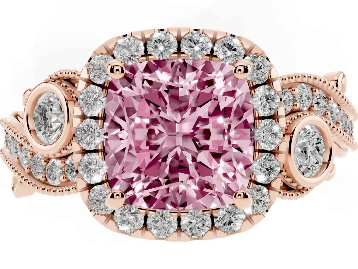 Fancy Pink Cushion Cut Diamond Halo Ring with Milgrain Pavé Band and Four-Prong Setting Rose gold