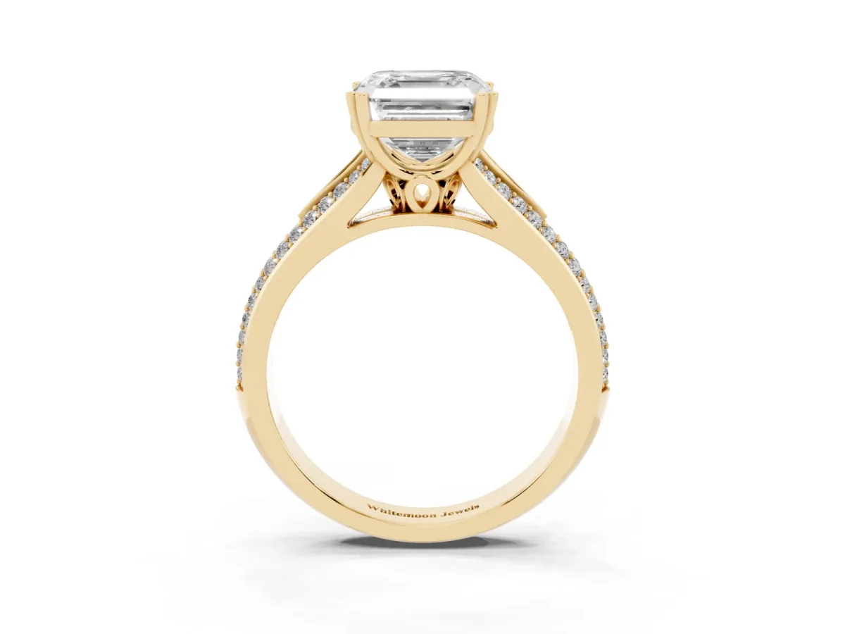 Asscher Cut Diamond Split Shank Engagement Ring with Pavé Band Yellow gold