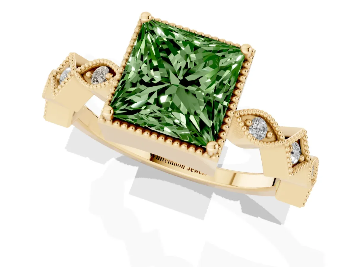 Fancy Green Princess Cut Milgrain Marquise Diamond Twist Band Ring Yellow gold
