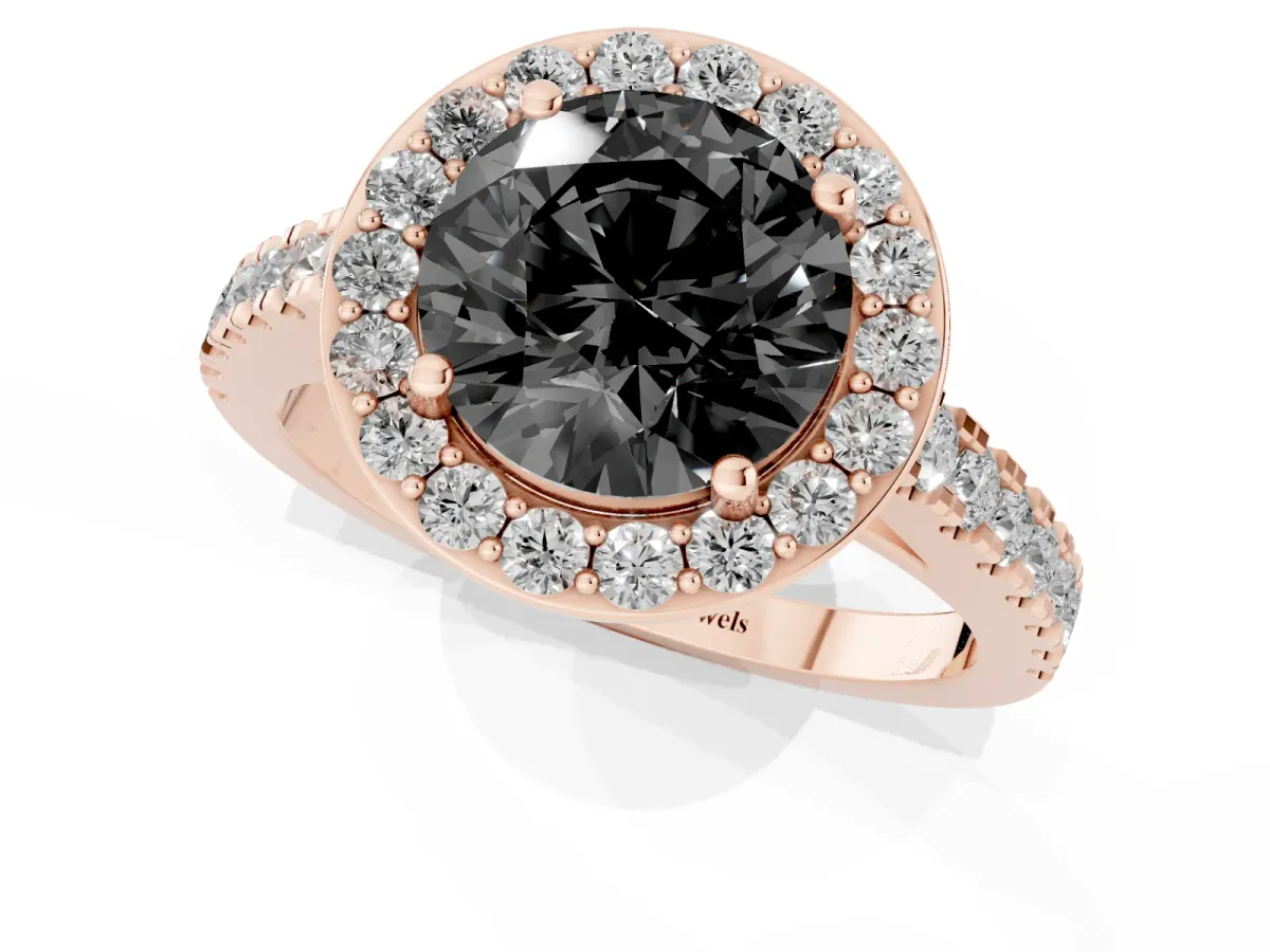 Fancy Black Round Cut Diamond Halo Ring with Round Pavé Split Shank and Prong Setting Rose gold
