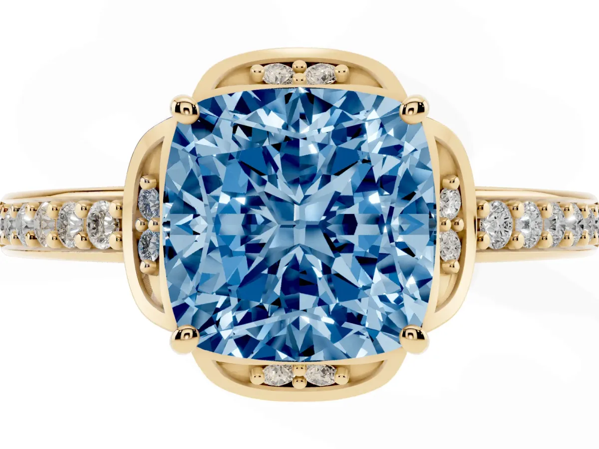 Fancy Blue Cushion Cut Cut Halo Diamond Ring with Channel Set Band and Four-Prong Setting Yellow gold