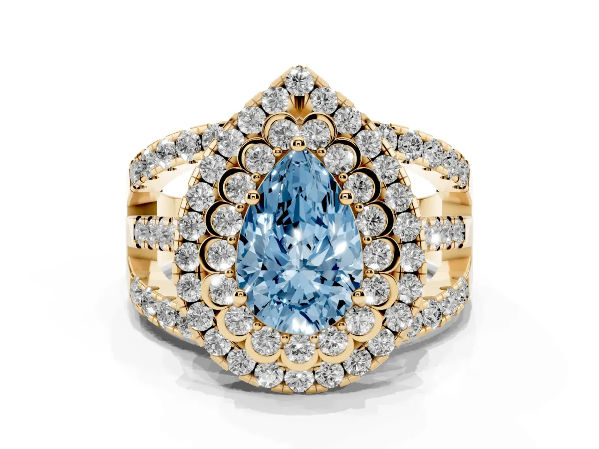 Fancy Blue Pear Cut Diamond Double Halo Ring with Round Pavé Split Shank and Prong Setting Yellow gold