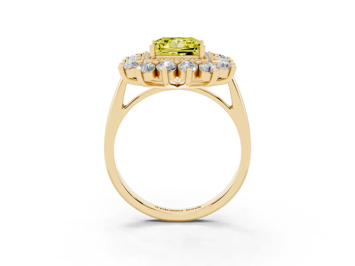 Fancy Yellow Princess Cut Diamond Floral Double Halo Engagement Ring with Prong Setting Yellow gold
