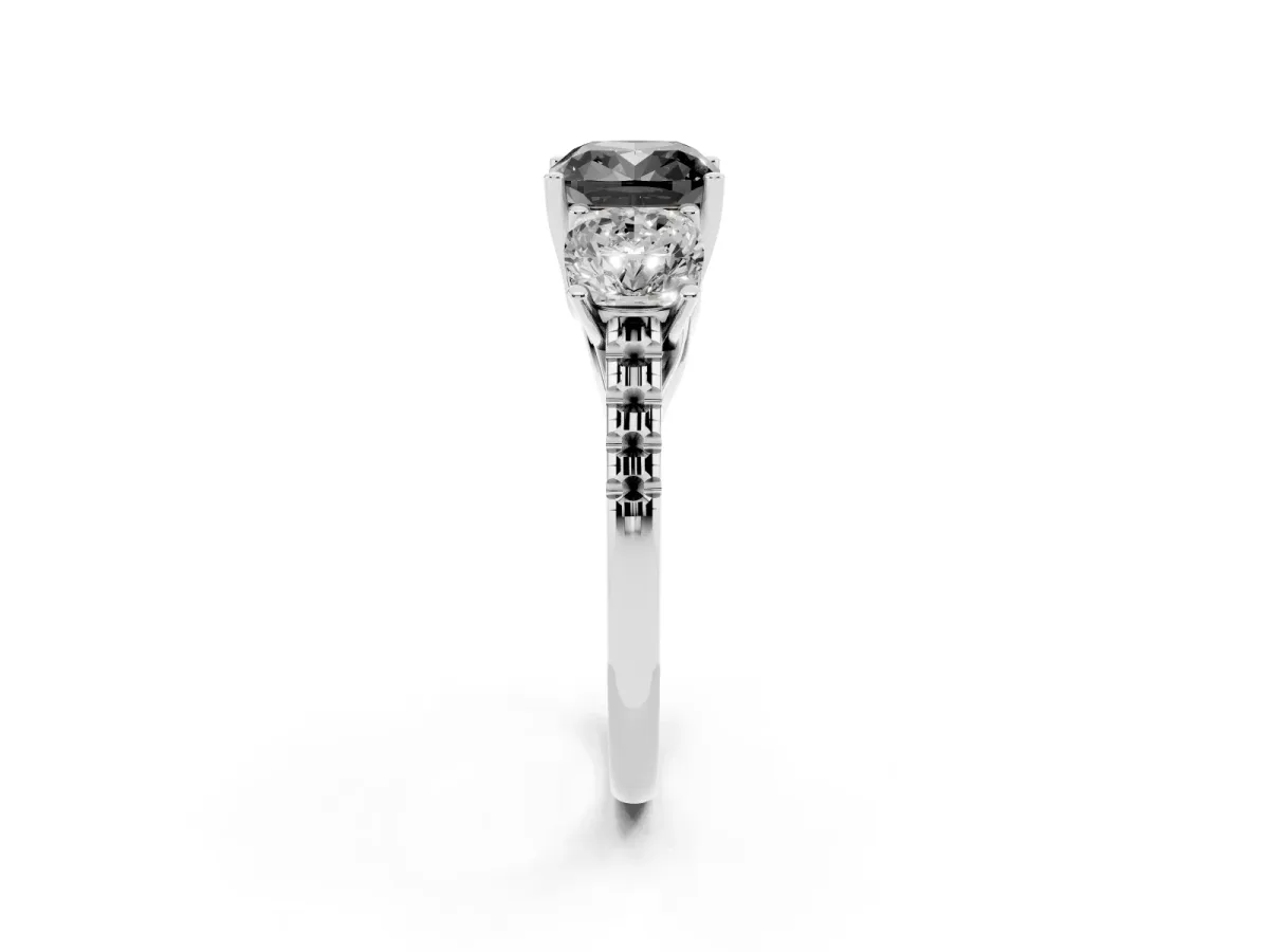 Fancy Black Three-Stone Cushion Cut Diamond Ring with Round Pavé Band and Prong Setting Silver
