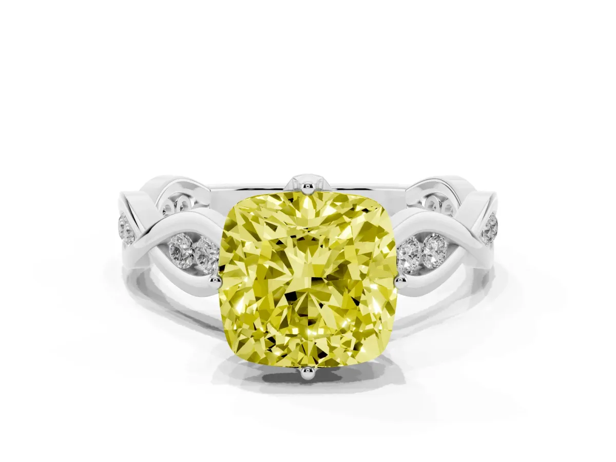 Fancy Yellow Cushion Cut Solitaire Twist Band with Leaf Prong Setting Silver