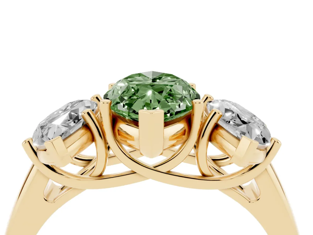 Fancy Green Three-Stone Marquise Cut Diamond Engagement Ring with Prong Setting Yellow gold