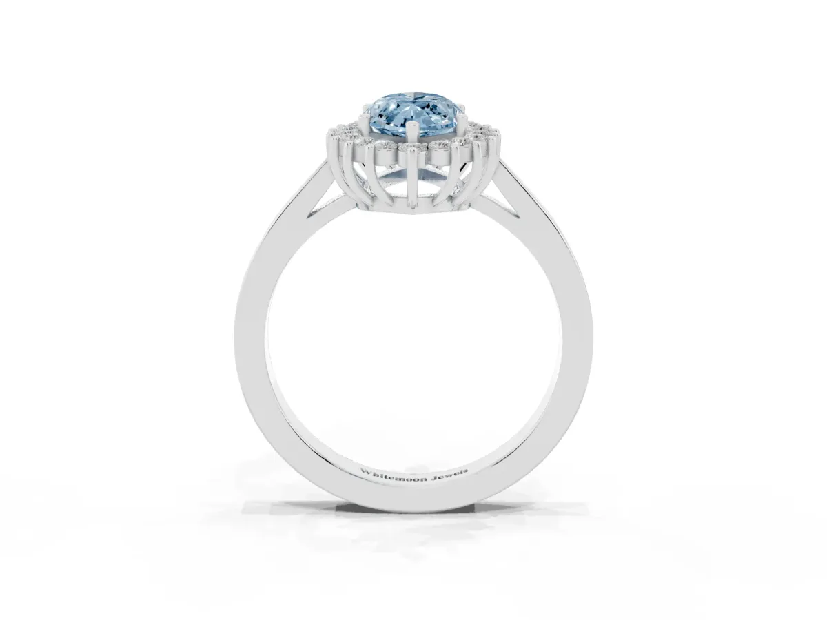 Fancy Blue Marquise Cut Cut Diamond Halo Ring with Round Brilliant Halo and Solitaire Band White gold
