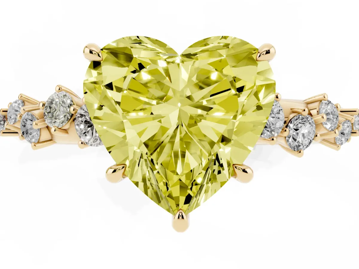 Fancy Yellow Heart Cut Diamond Cluster Side Stone Solitaire Ring with Prong Setting Yellow gold