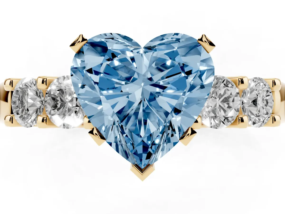Fancy Blue Heart Cut Brilliant Cut Diamond Five-Stone Prong Set Engagement Ring with Channel Band Yellow gold