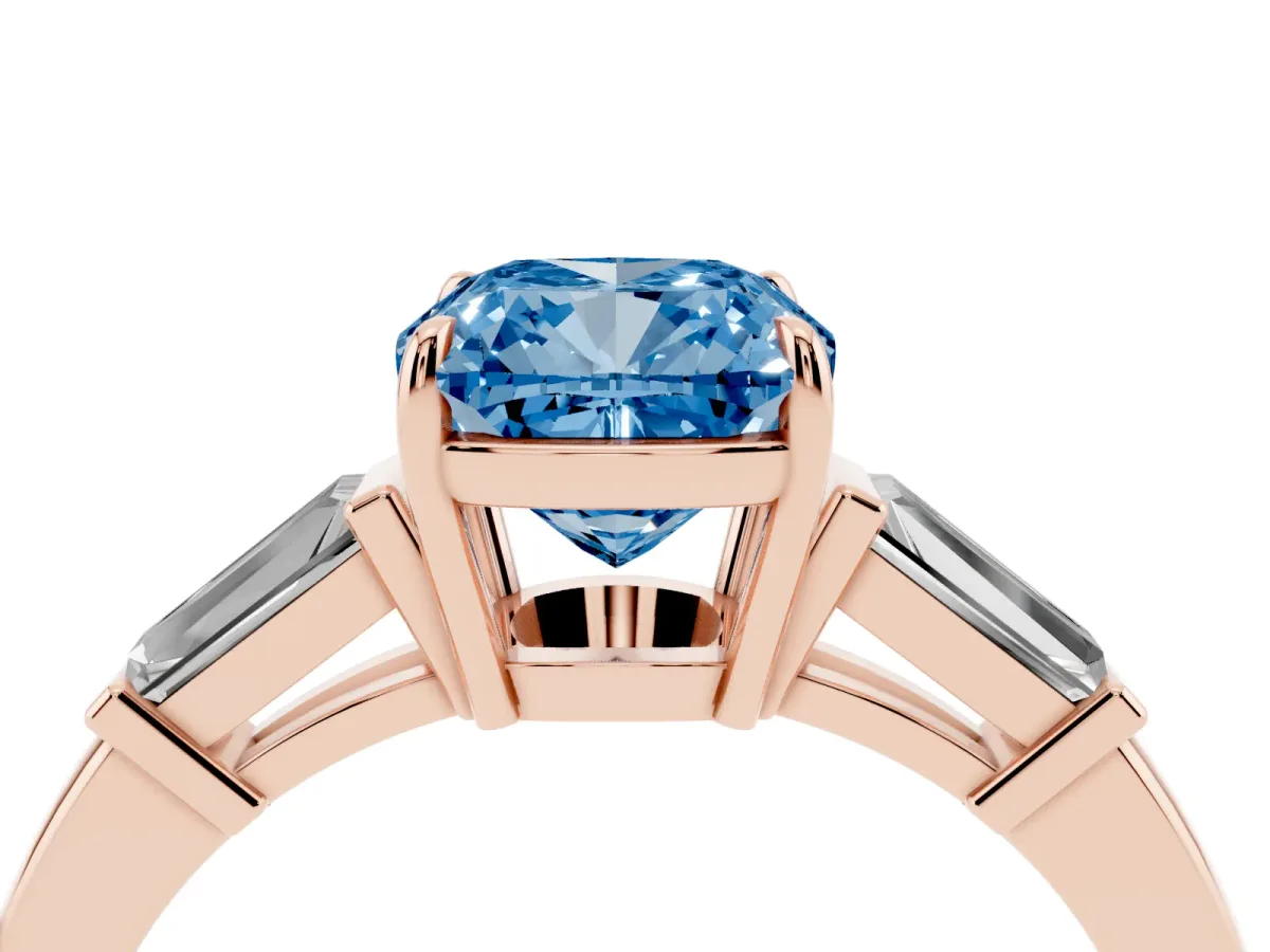 Fancy Blue Cushion Cut Diamond Three-Stone Ring with Tapered Baguette Side Stones and Prong Setting Rose gold