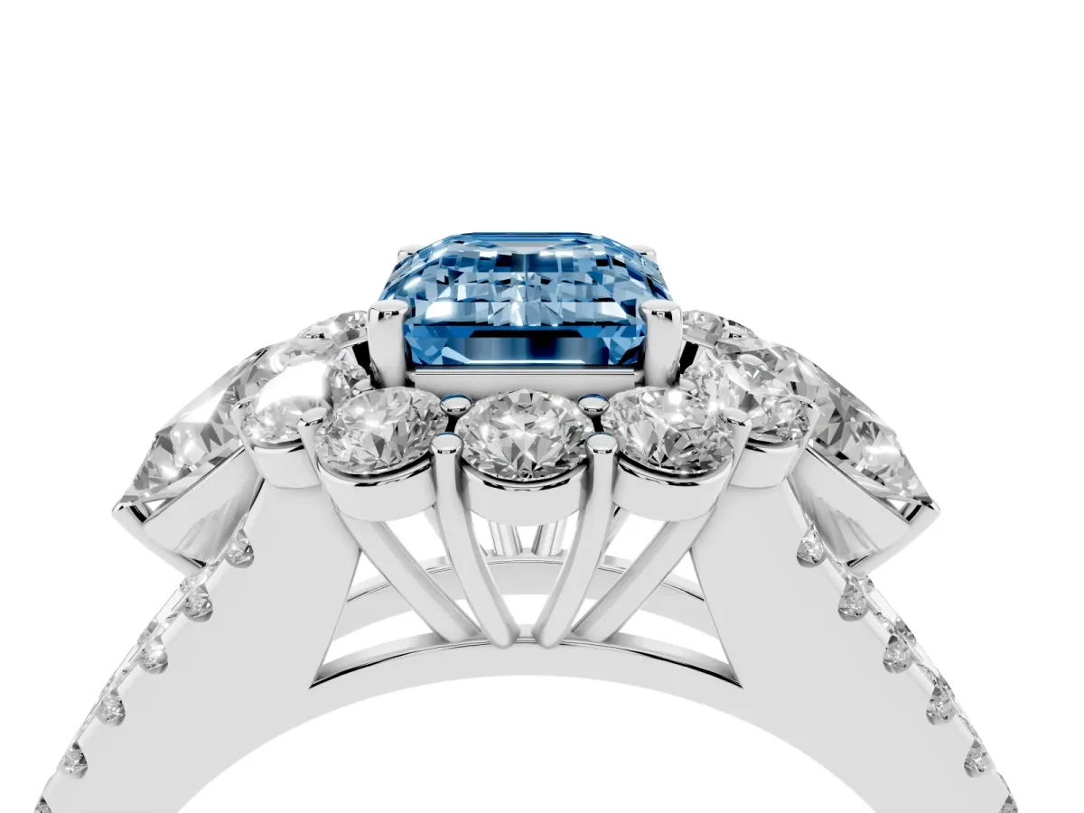 Fancy Blue Emerald Cut Halo Split Shank Diamond Engagement Ring with Prong Setting Silver