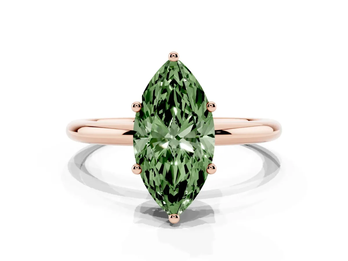 Fancy Green Marquise Cut Cut Solitaire Engagement Ring with Four-Prong Setting and Classic Band Rose gold