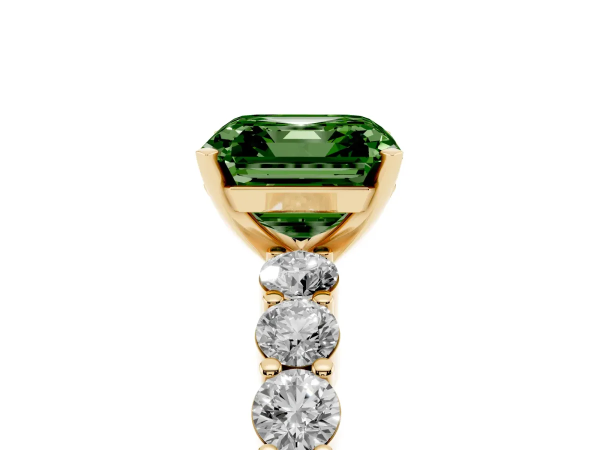 Fancy Green Asscher Cut Diamond Solitaire Ring with Shared Prong Round Side Stones Yellow gold