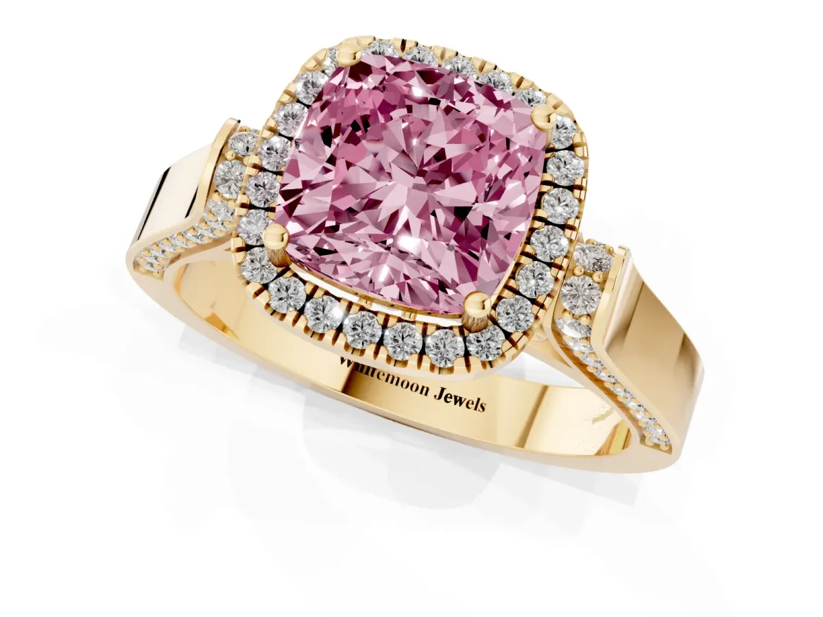 Fancy Pink Cushion Cut Halo Pave Split Shank Prong Setting Ring Yellow gold