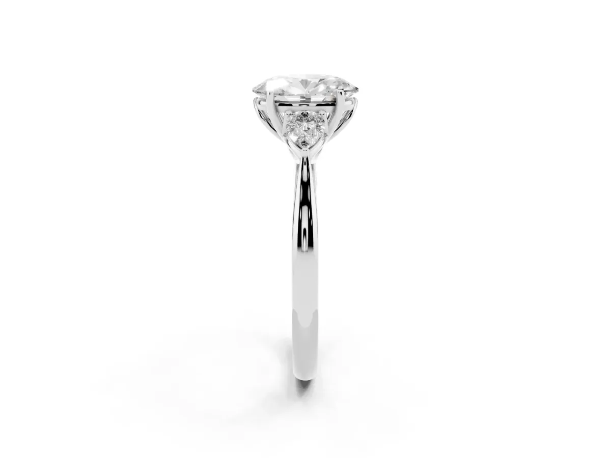 Oval Cut Diamond Three-Stone Ring with Pear Side Stones and Prong Setting Silver