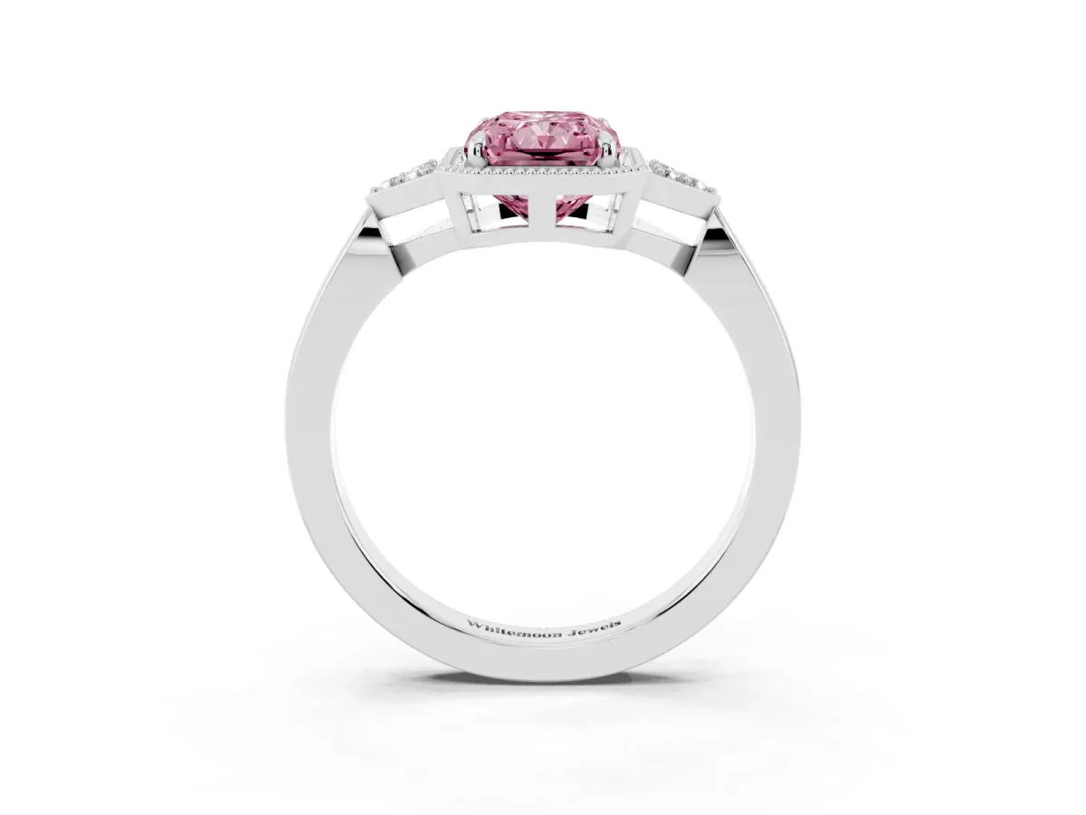 Fancy Pink Hexagonal Halo Radiant Cut Diamond Solitaire with Pavé Band and Four-Prong Setting White gold